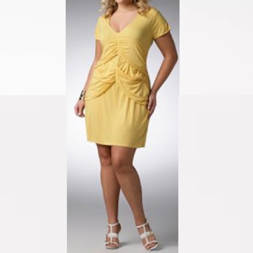 NEW Beyonce Dereon Draped Ruched knee  Dress GOLD YELLOW  1X  14 16 Plus